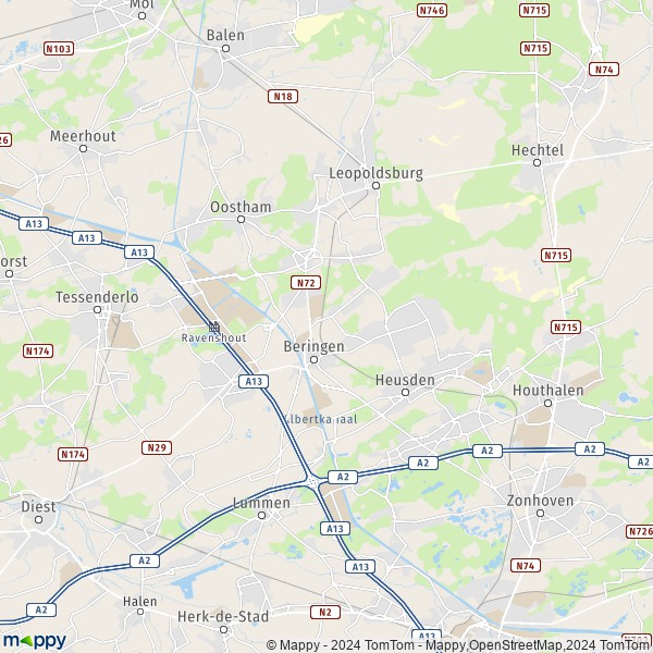 De kaart voor de stad 3580-3583 Beringen