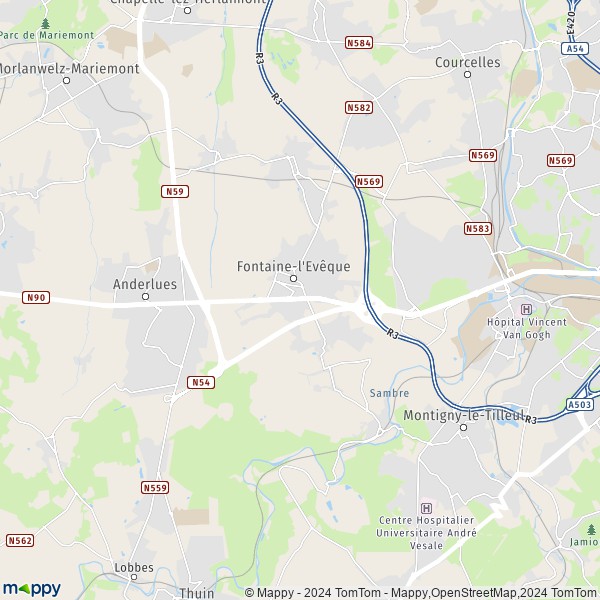 De kaart voor de stad 6140-6142 Fontaine-l'Evêque