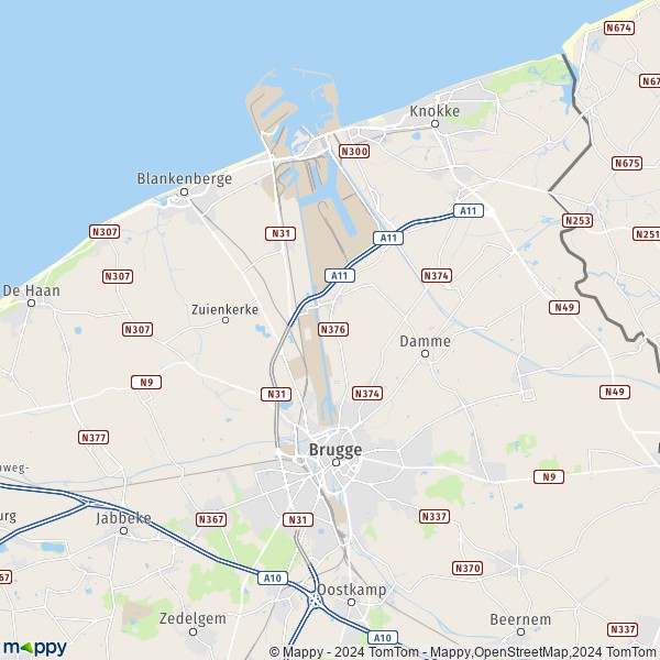 De kaart voor de stad 8000-8380 Brugge