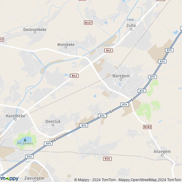 De kaart voor de stad 8790-8793 Waregem