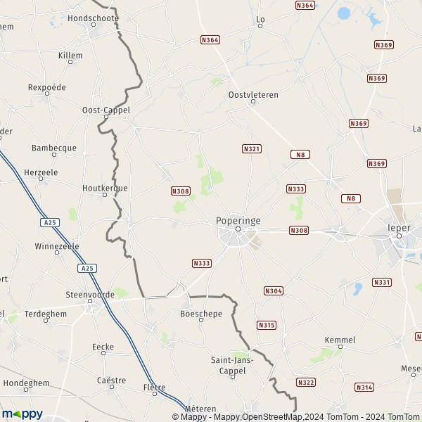 De kaart voor de stad 8970-8978 Poperinge